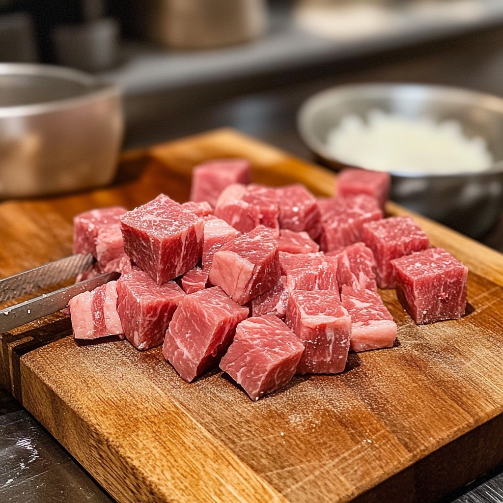 Steak cubes just cut on a cutting board