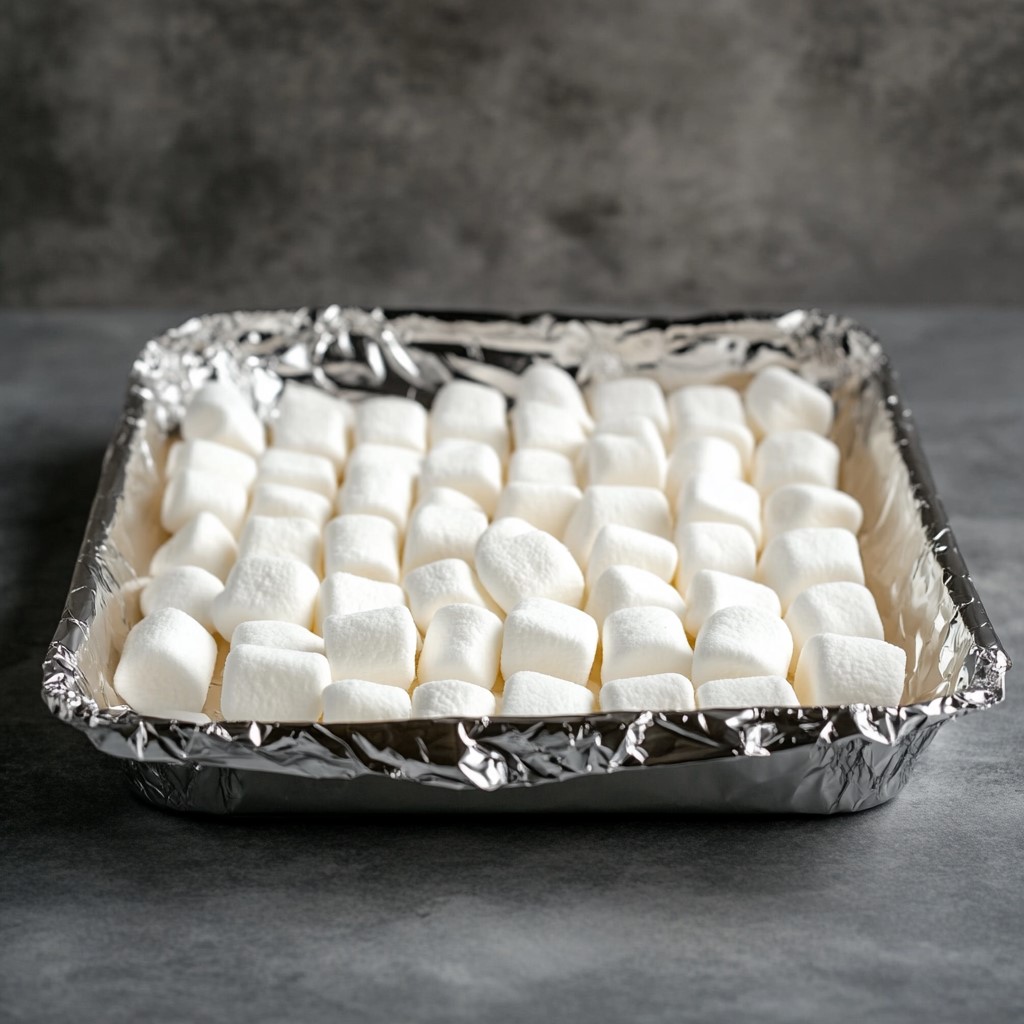 Layer of marshmallows in a baking pan