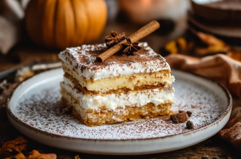 A slice of pumpkin cream tiramisu served on a plate