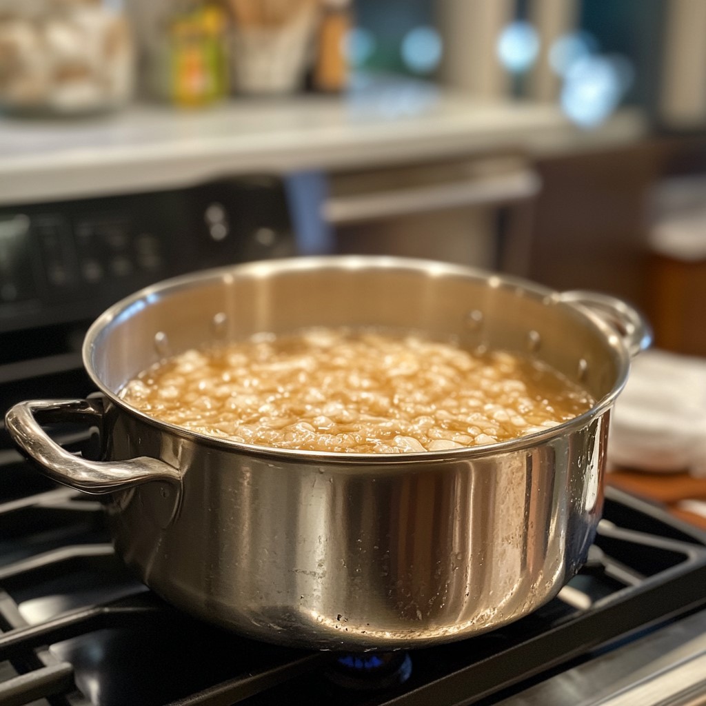 A pot filled with salted, boiling water on a stovetop