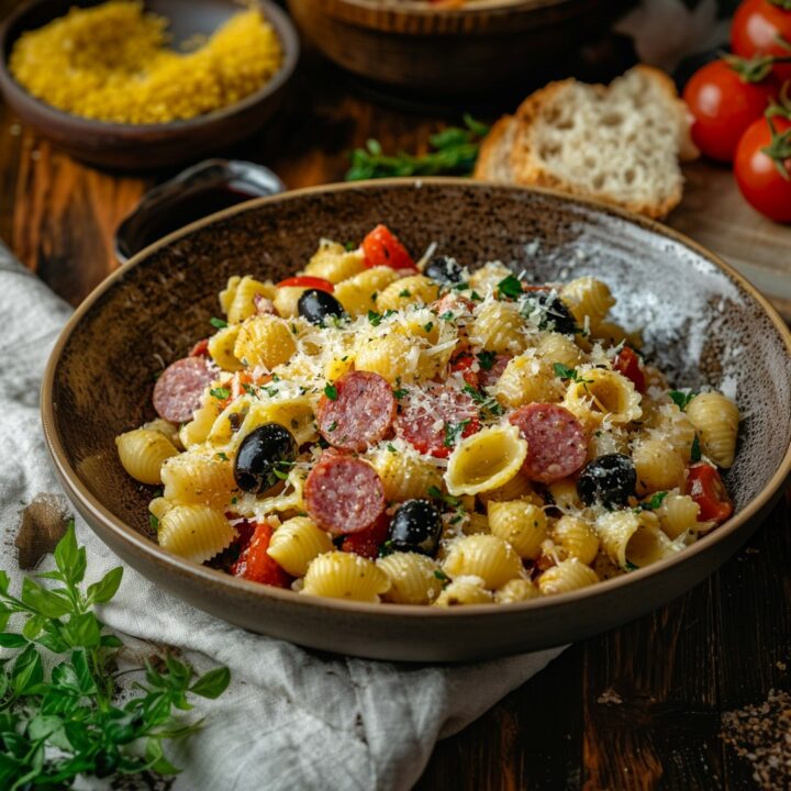 Freshly-made antipasto pasta salad served on a plate