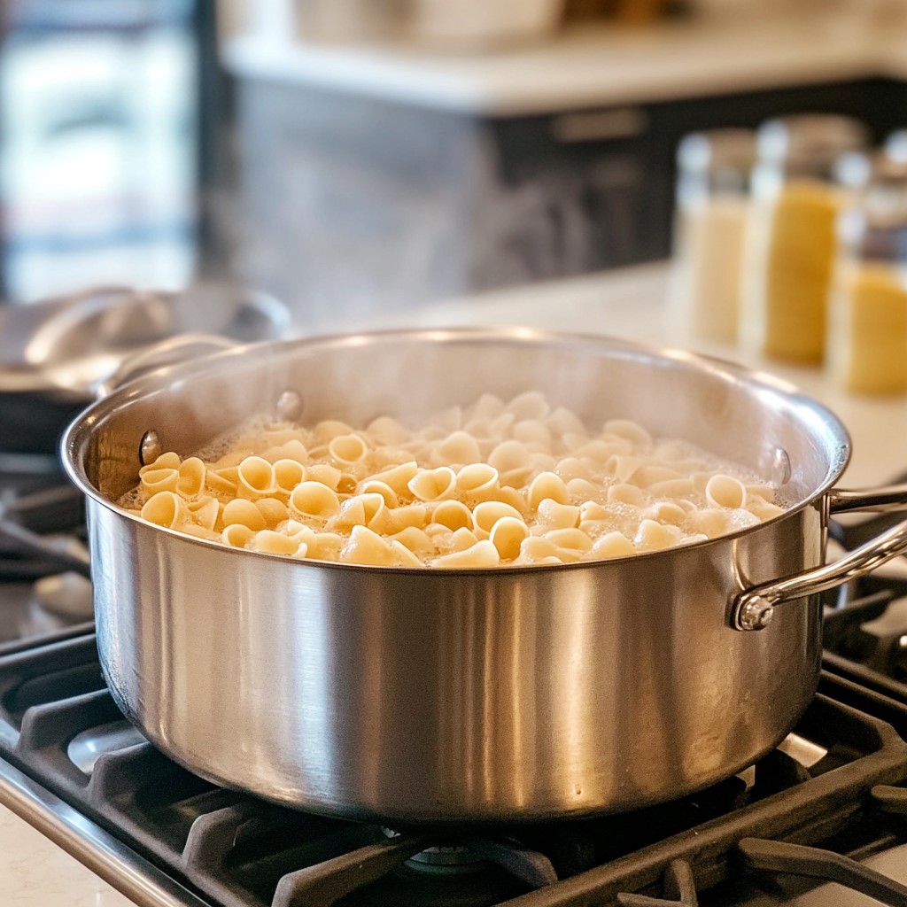 Cooked shell pasta in the pot on a stovetop