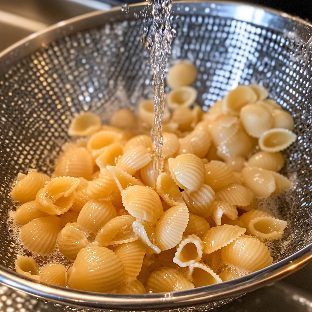 Cooked shell pasta being drained under water