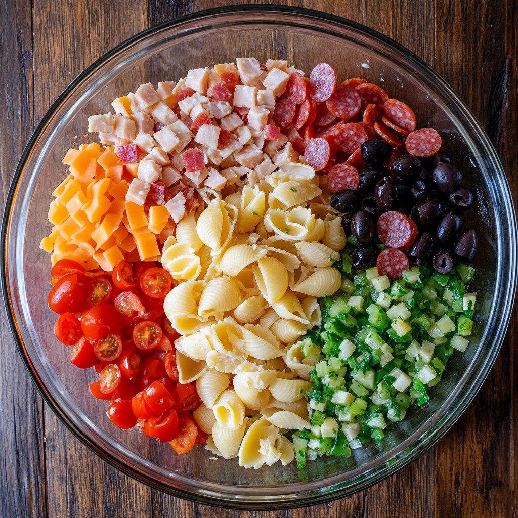 Ingredients for antipasto pasta salad in a glass bowl