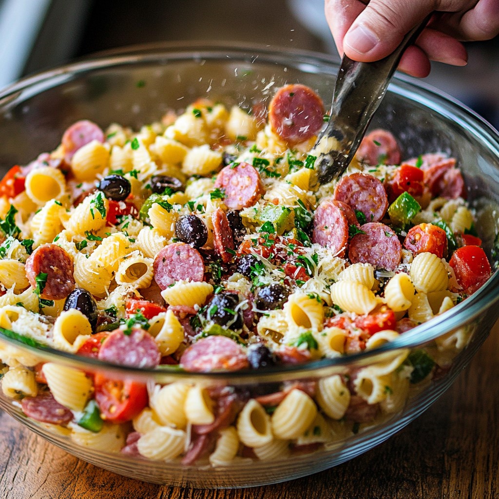 Well-combined ingredients for antipasto pasta salad in a glass bowl