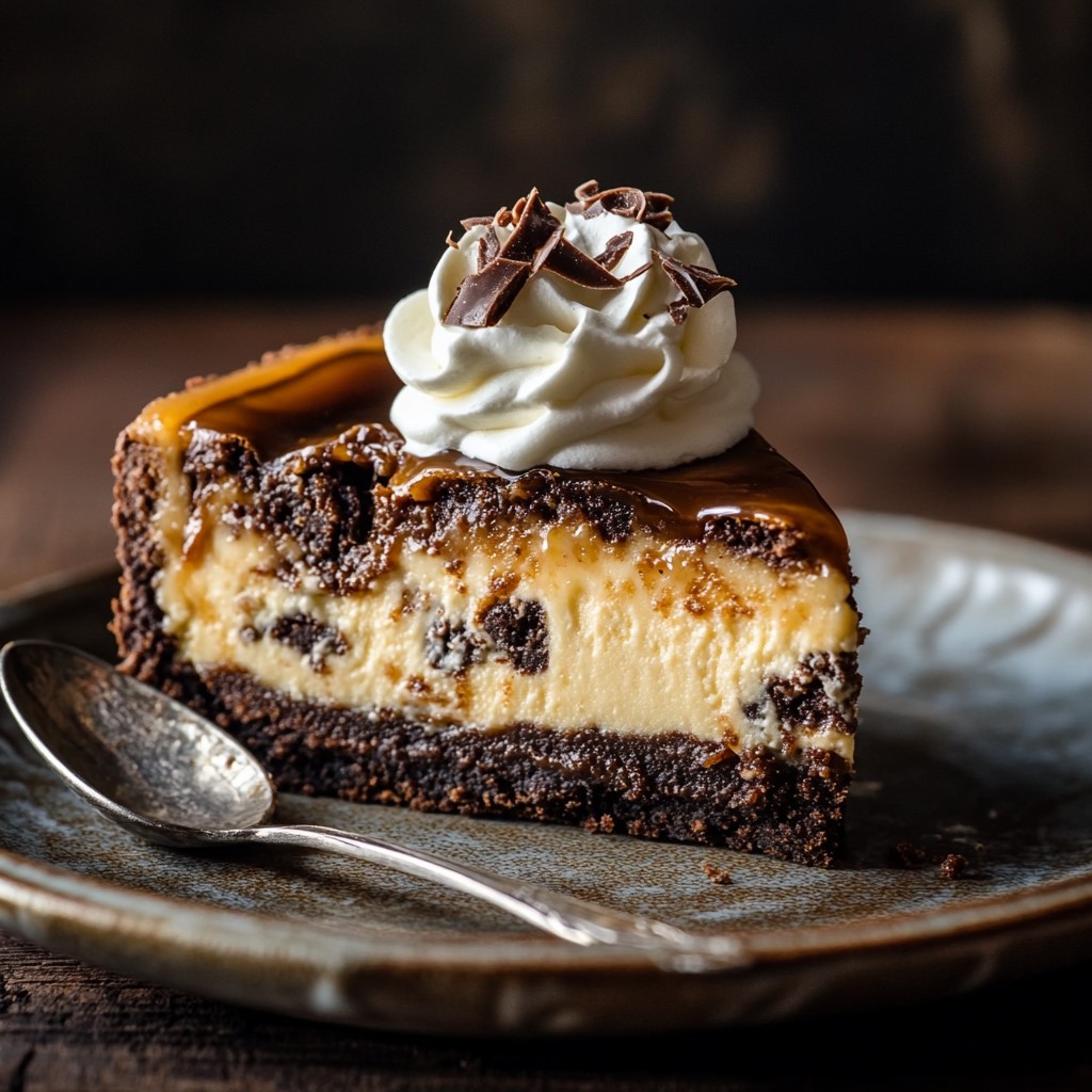 Piece of caramel brownie cheesecake on a plate