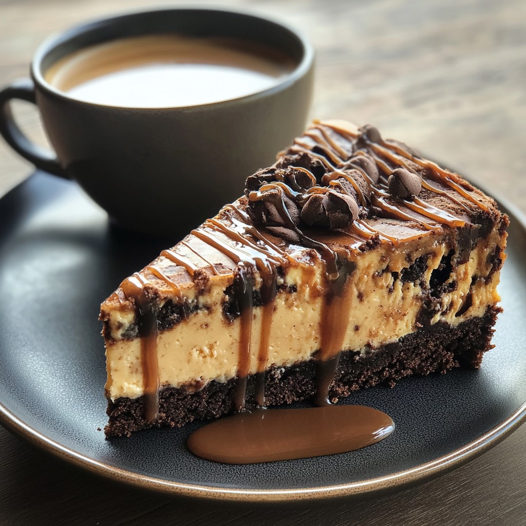 Caramel brownie cheesecake and a cup of coffee