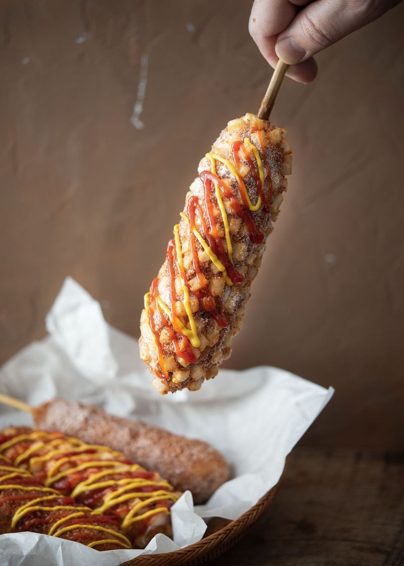 Cheese Corn Dog with Kimchi Glaze