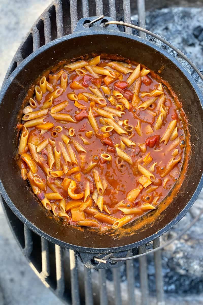 Cooking Pasta on a Campfire with a Kettle
