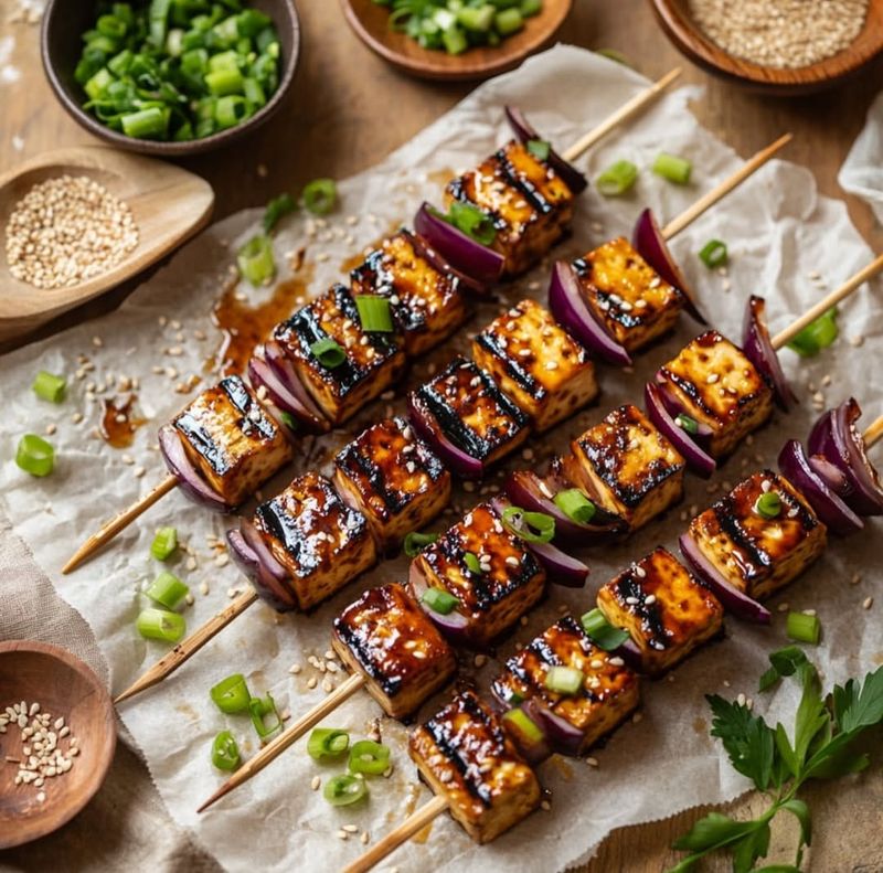 Maple Mustard Glazed Tofu Skewers