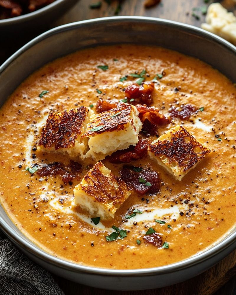 Creamy Tomato Soup With Grilled Cheese Croutons