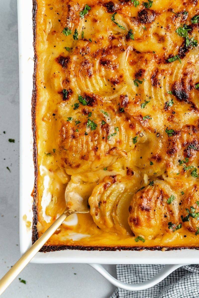 Three-Cheese Roasted Garlic Potato Casserole