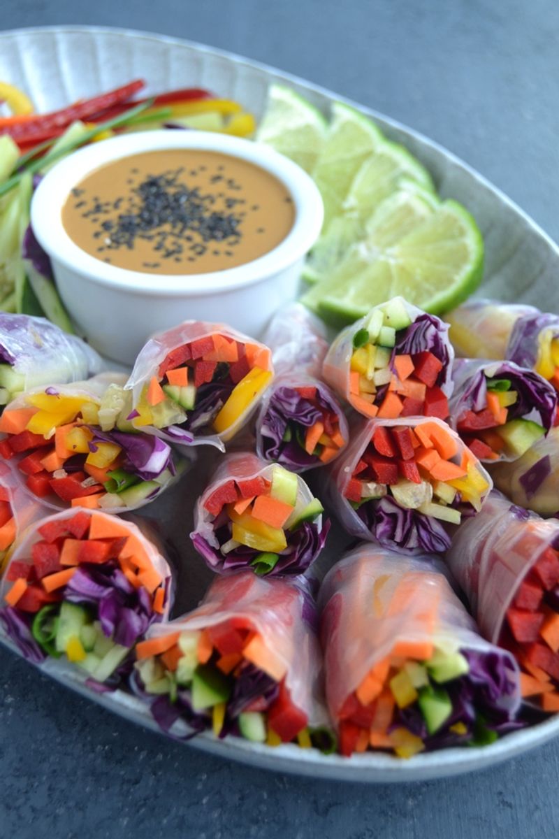 Rainbow Spring Rolls With Peanut Dipping Sauce