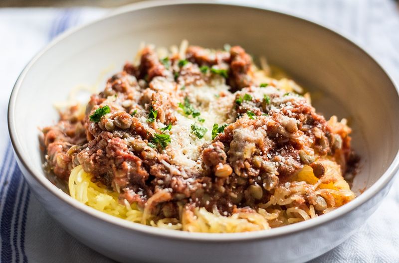 Lentil Walnut Bolognese Over Spaghetti Squash