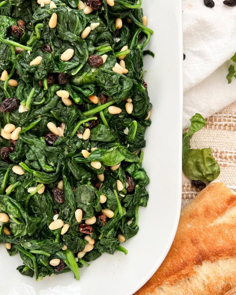 Spinach With Pine Nuts & Raisins
