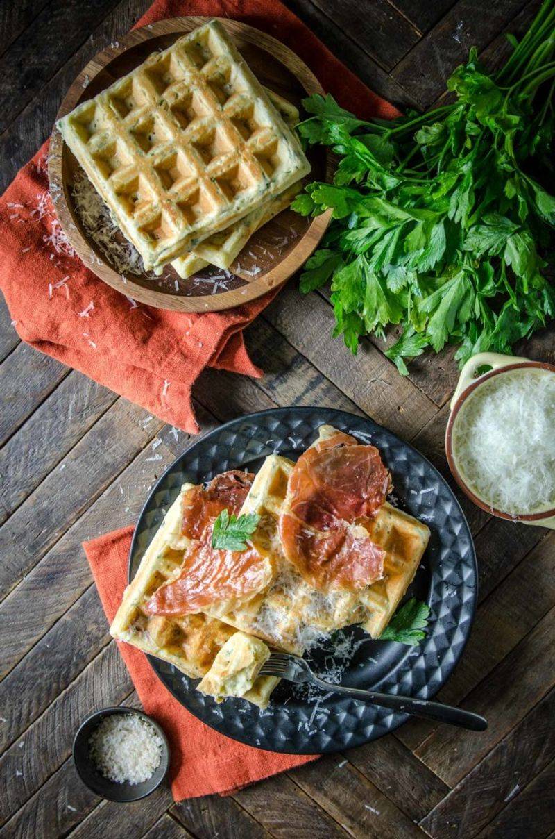Savory Herb And Cheese Waffles With Prosciutto