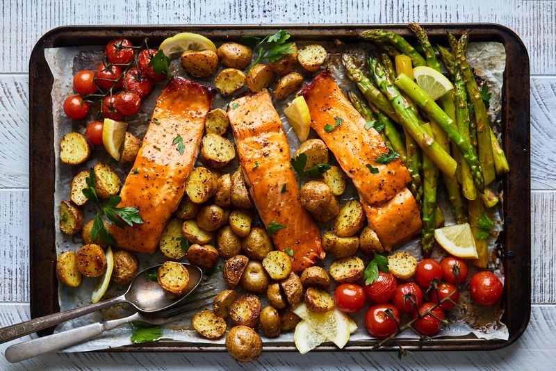 Crispy Sheet Pan Salmon With Rainbow Veggies