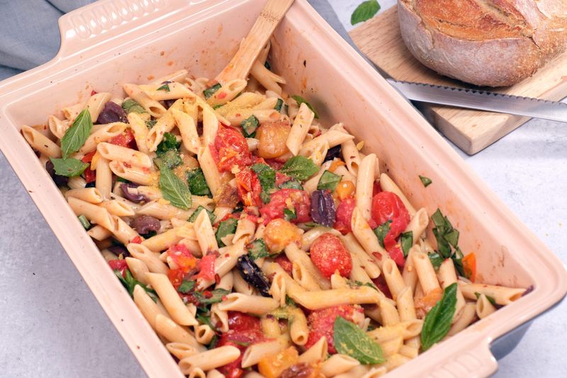 Feta Pasta With Chickpea Pasta & Roasted Veggies