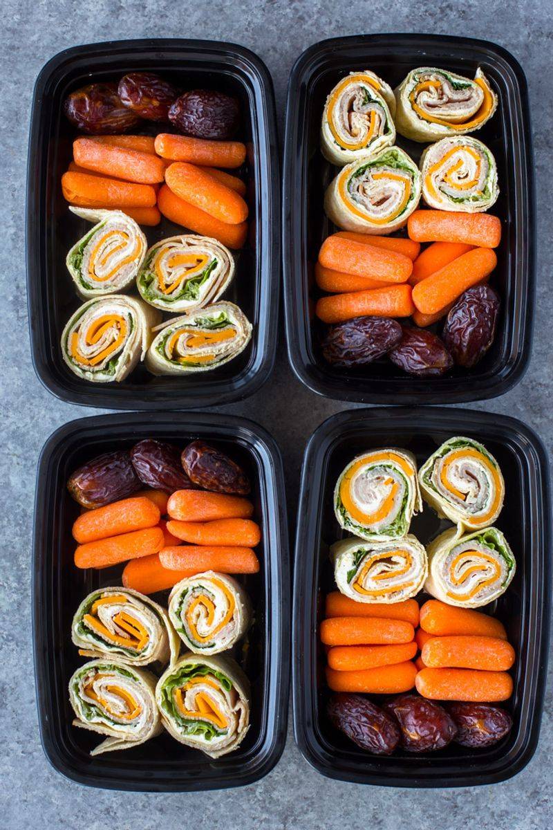 Turkey And Cheese Pinwheels With Baby Carrots