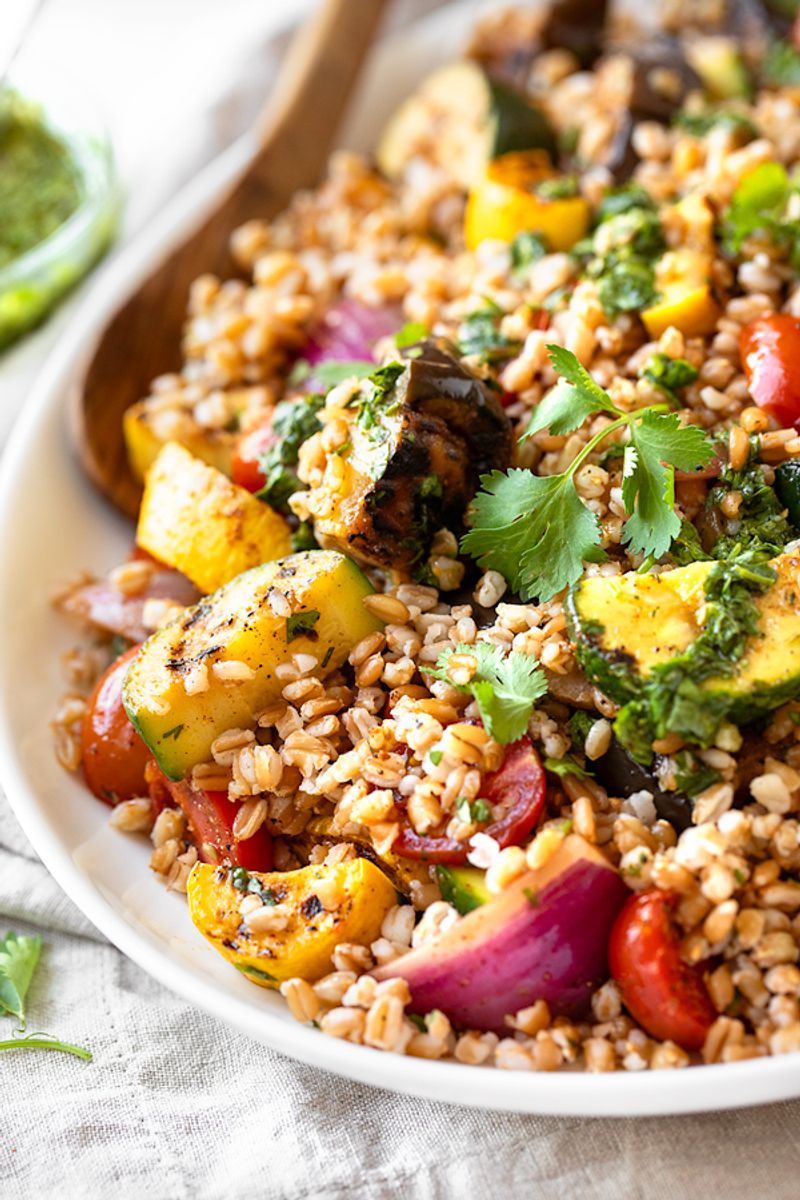 Chimichurri Farro Salad With Grilled Veggies