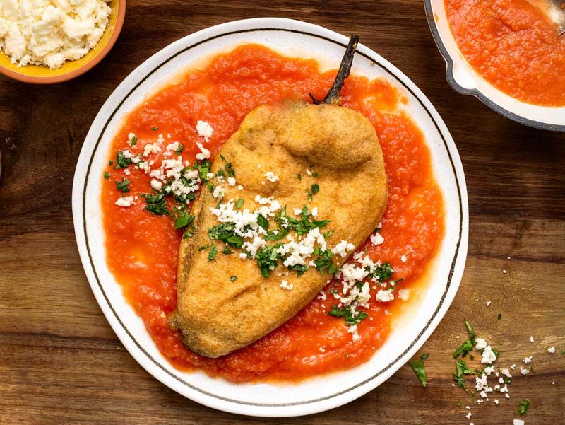 Chiles Rellenos With Cheese And Salsa Roja