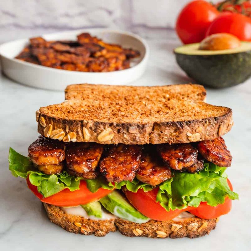 Maple-Glazed Tempeh Bacon Breakfast Sandwich