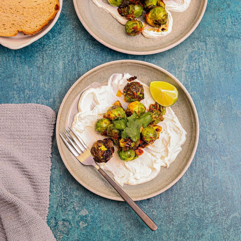 Harissa Yogurt Drizzled Sprouts