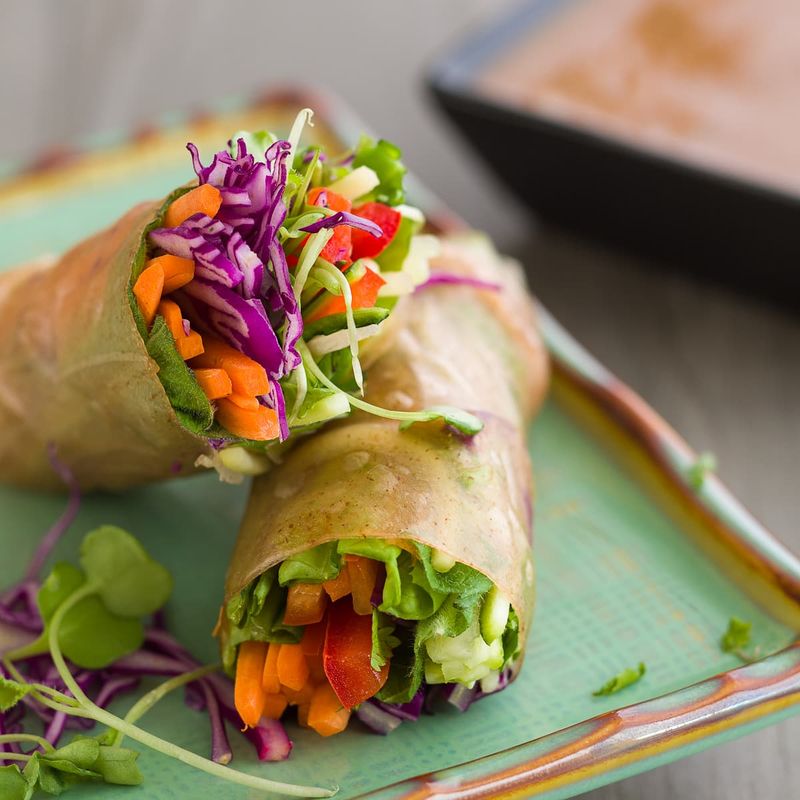 Rainbow Spring Rolls With Peanut Sauce