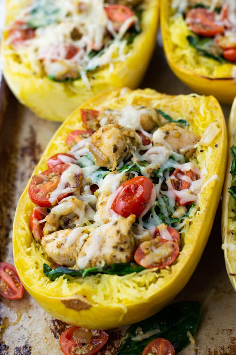 Pesto Chicken Spaghetti Squash Boats