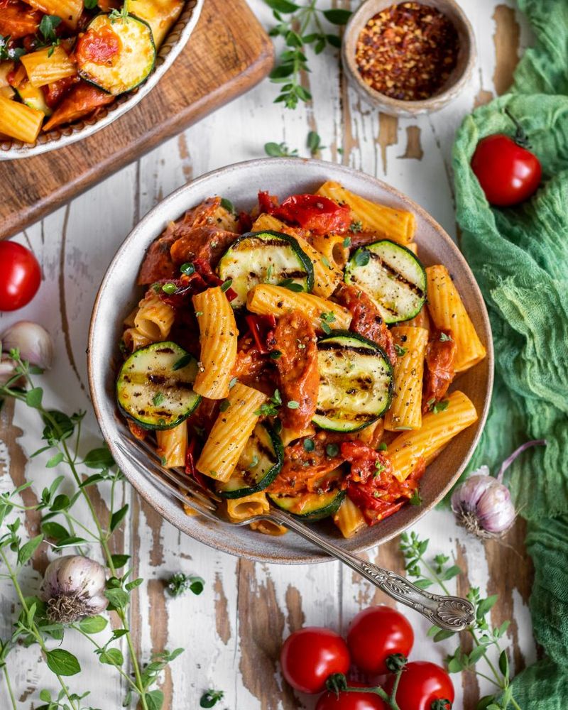 Roasted Zucchini And Tomato Pasta Toss