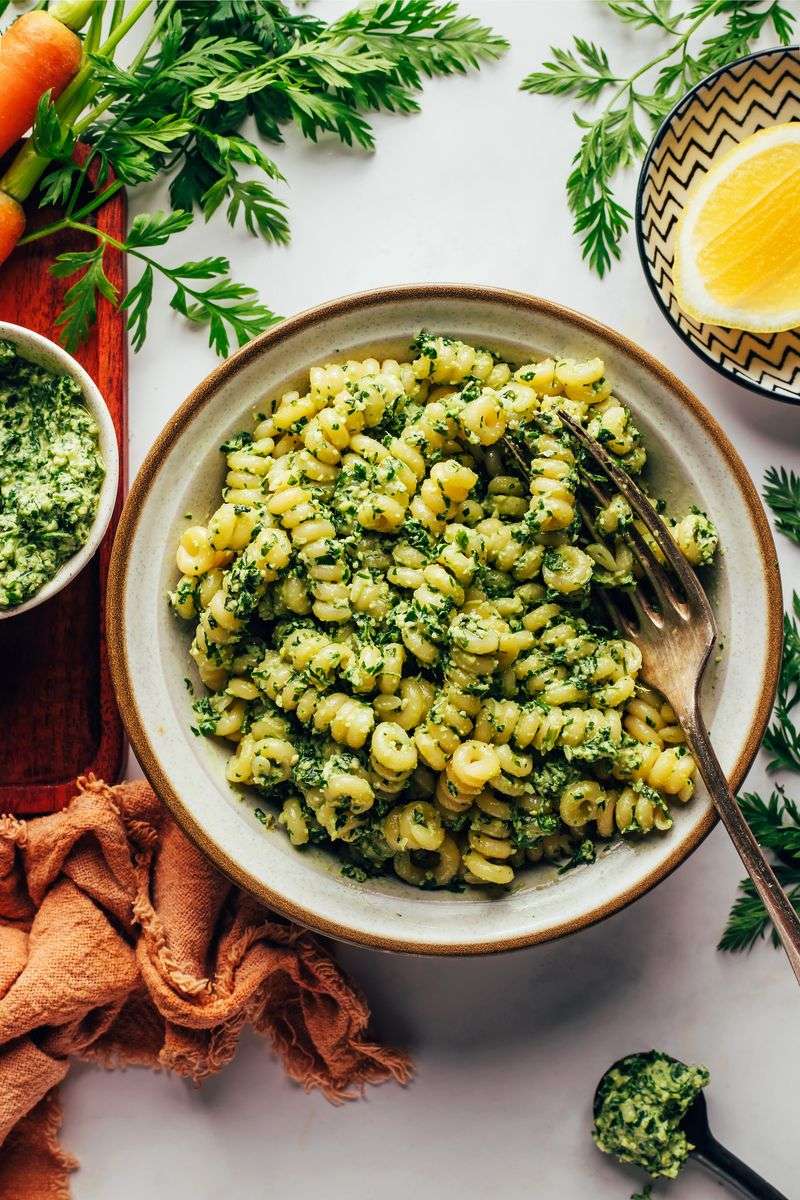 Pasta With Roasted Carrots And Carrot Top Pesto