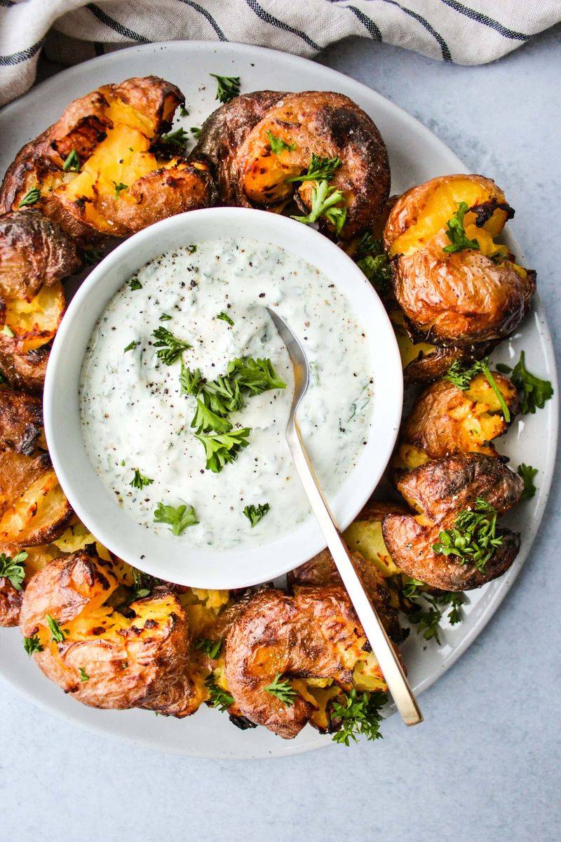 Crispy Smashed Potatoes With Herb Yogurt