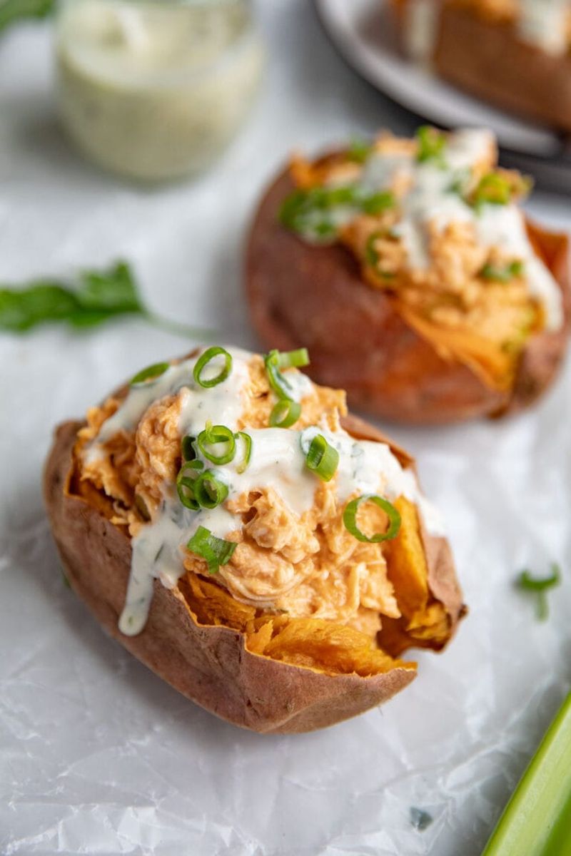 Buffalo Chicken Stuffed Sweet Potatoes