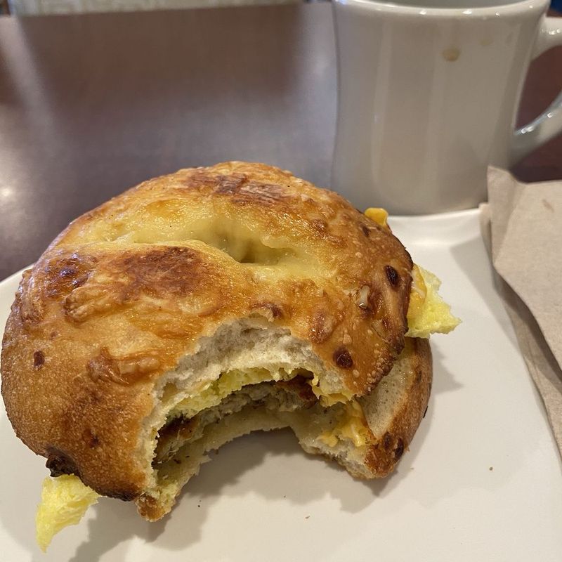 Panera's Sausage, Egg & Cheese on Asiago Cheese Bagel