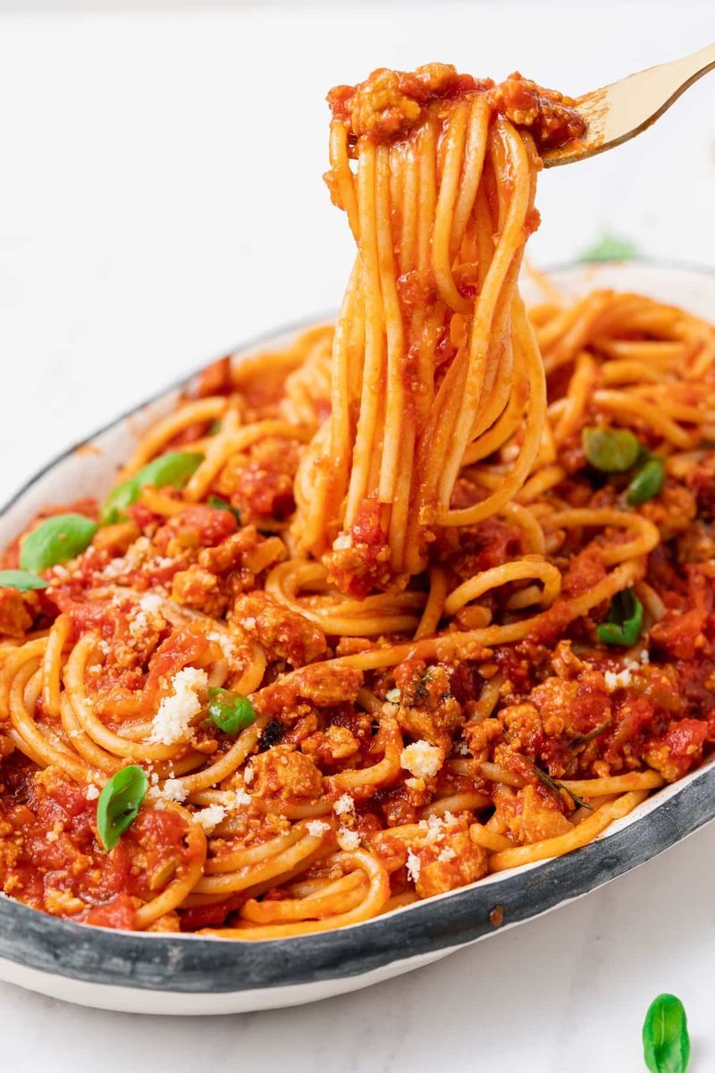 Tofu Bolognese Over Spaghetti