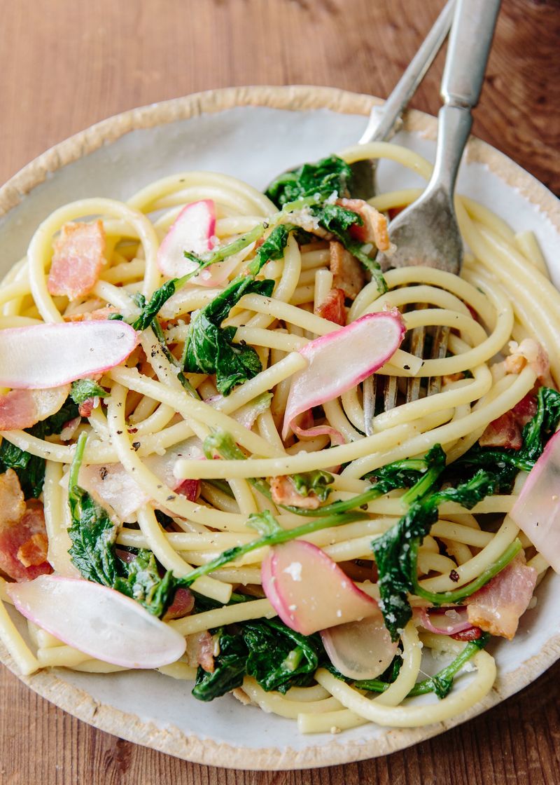 Bucatini With Roasted Radishes And Greens