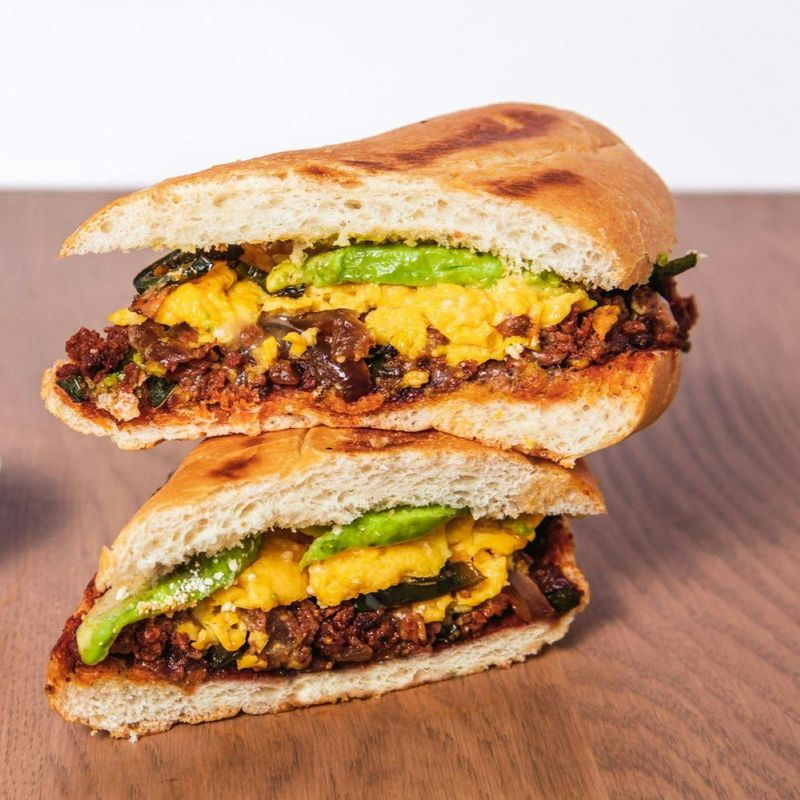 Chorizo And Egg Torta With Salsa Macha
