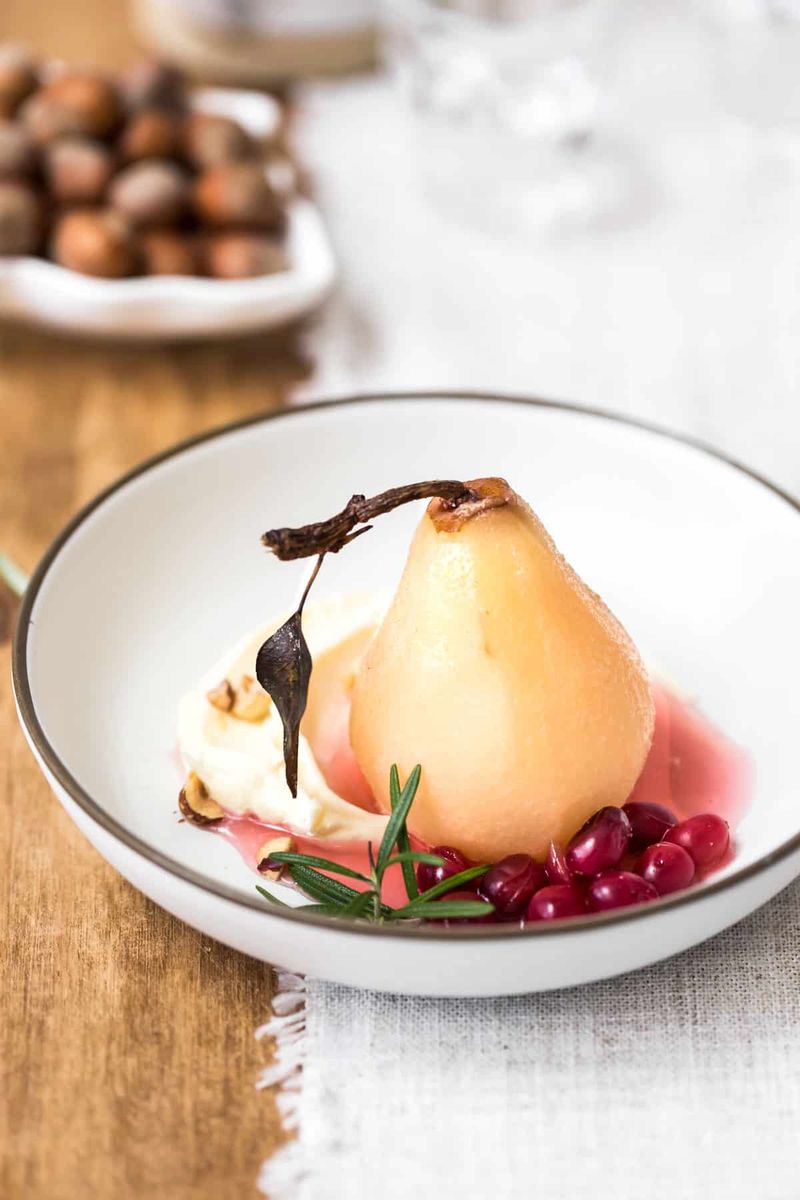 Prosecco-Poached Pears With Mascarpone Cloud