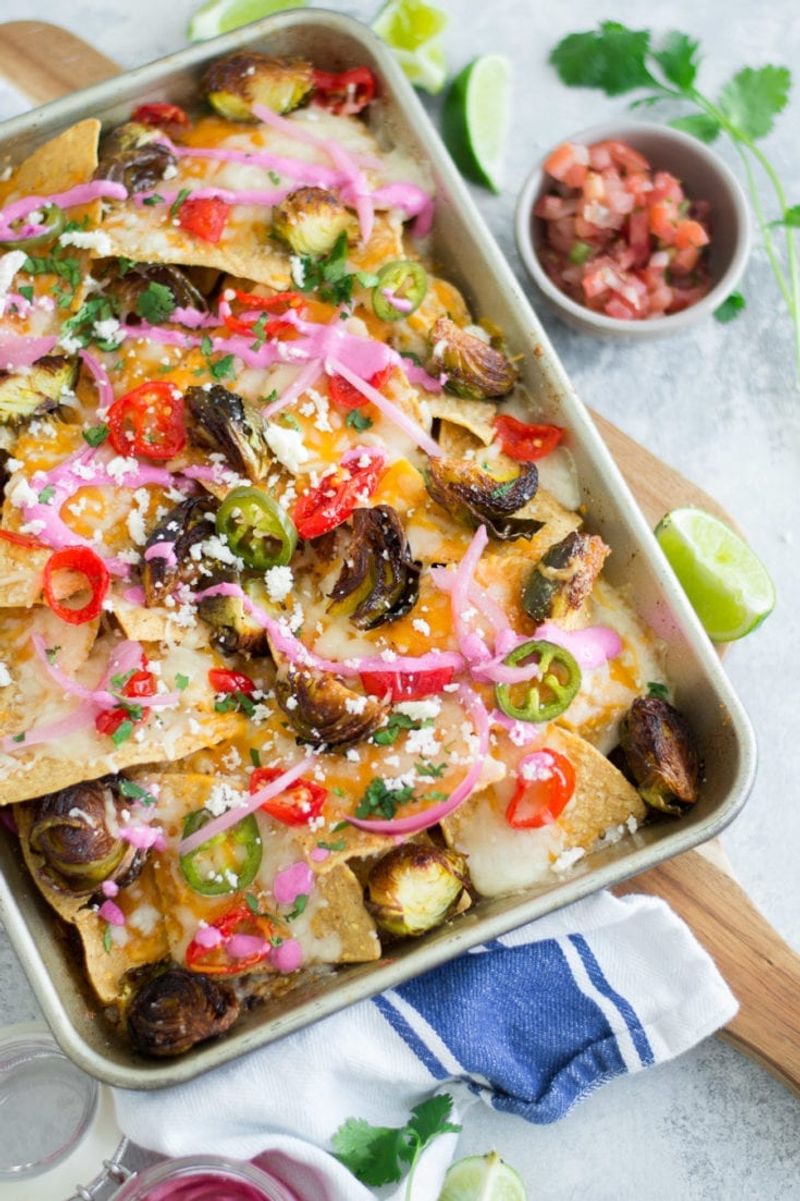 Brussels Sprouts Nachos With Cheddar And Salsa