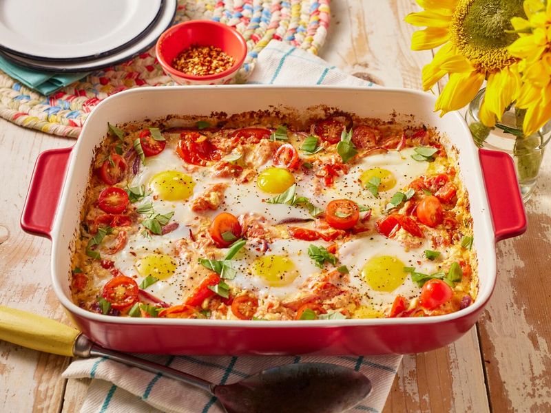 Baked Feta Eggs With Spinach And Tomatoes