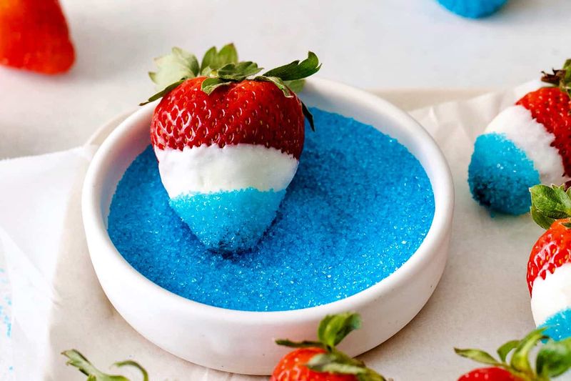 White Chocolate-Dipped Strawberries With Blue Sugar