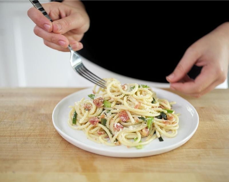 Spring Onion And Pancetta Bucatini