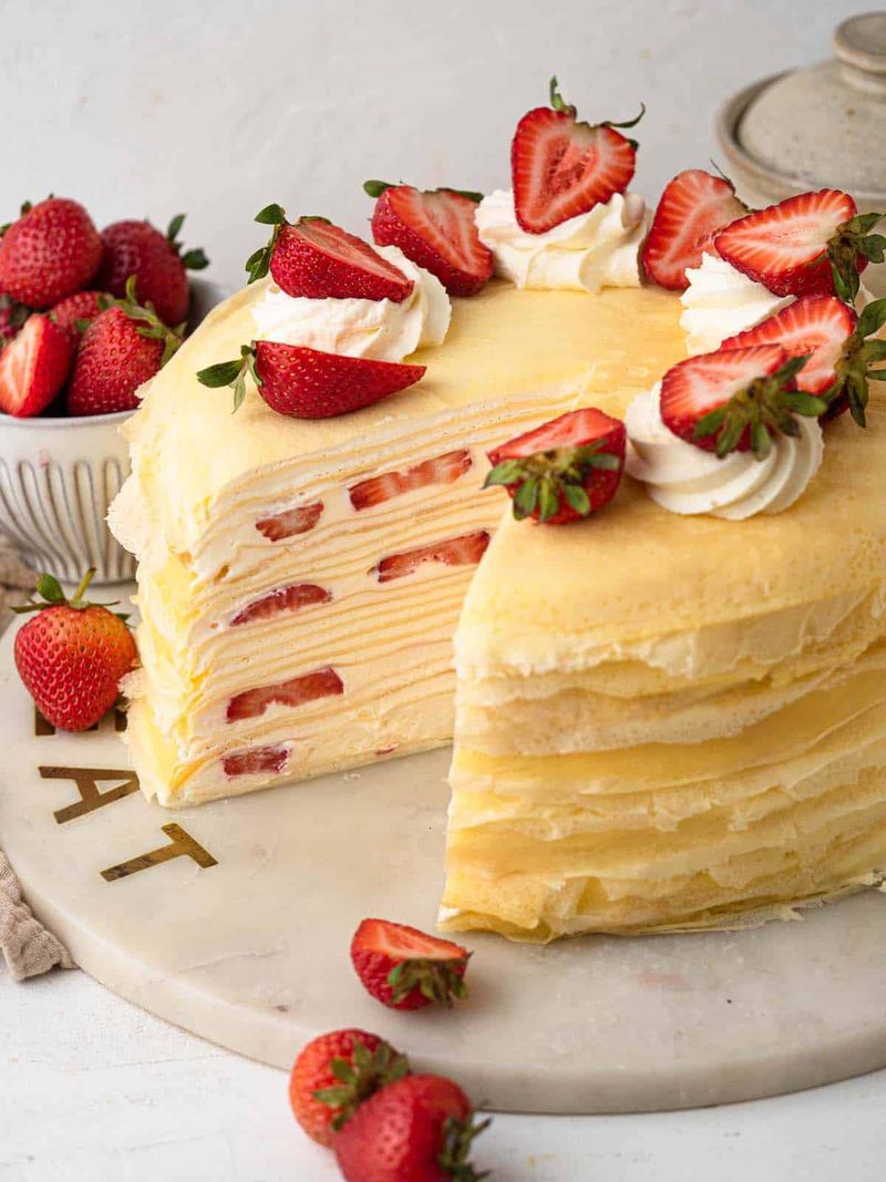Strawberry Crêpe Cake With Edible Flowers