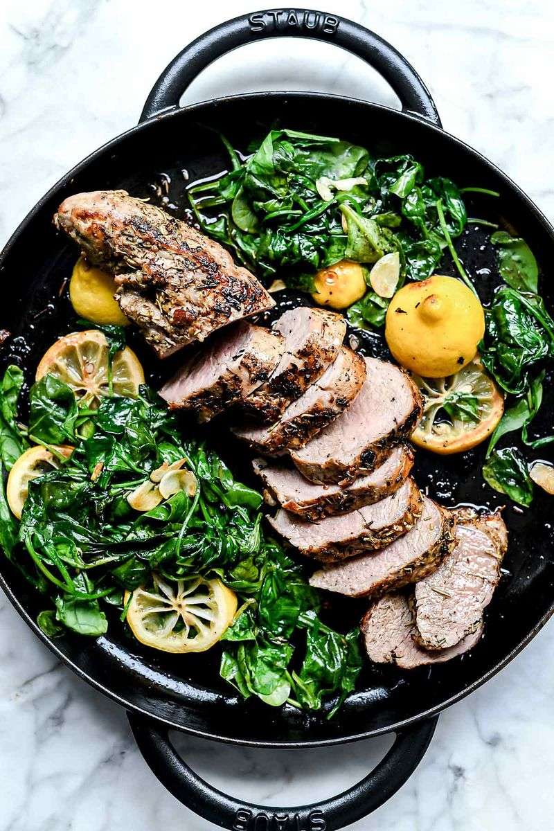 Herb-Crusted Pork Tenderloin With Spring Greens