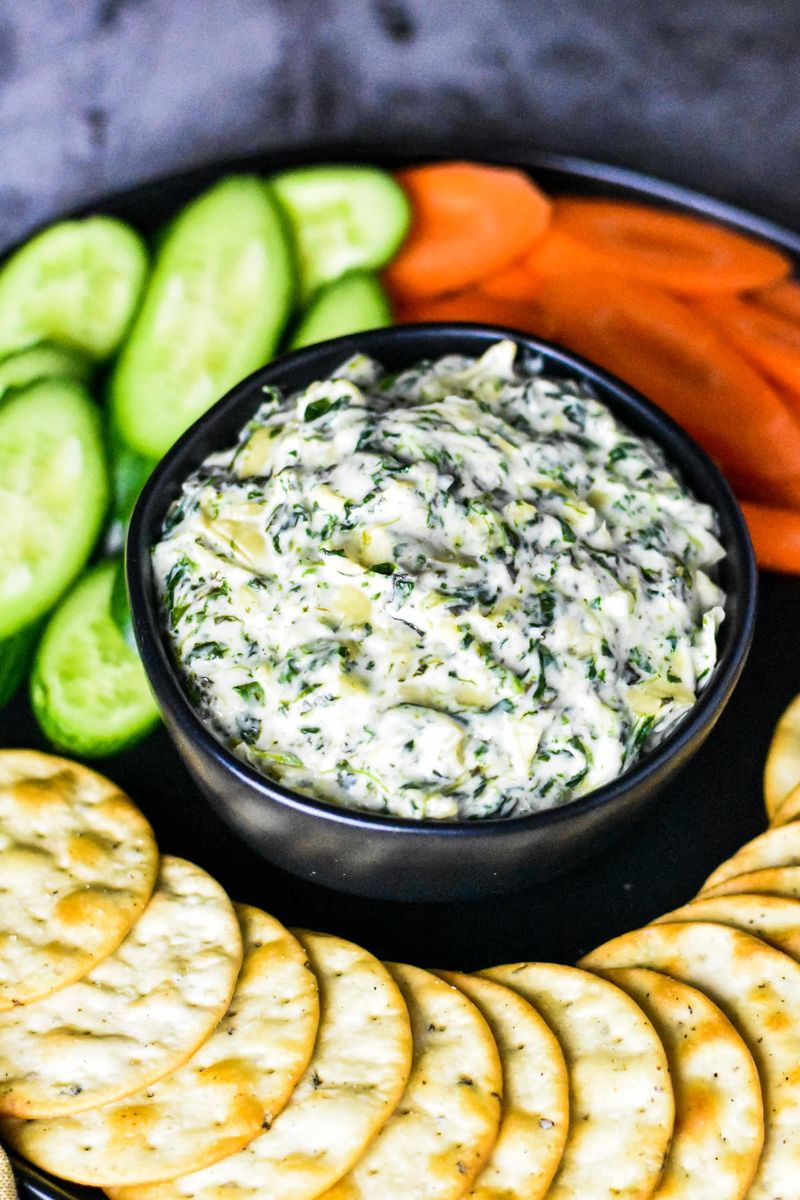 Spinach Artichoke Dip With Crackers And Veggies