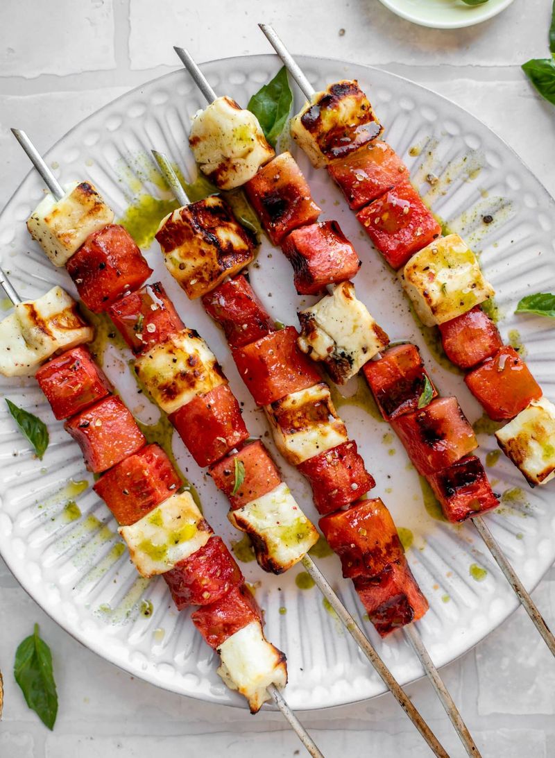 Grilled Halloumi And Watermelon Skewers