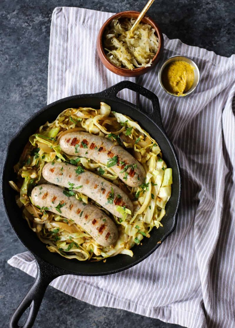 Beer-Braised Bratwurst With Cabbage