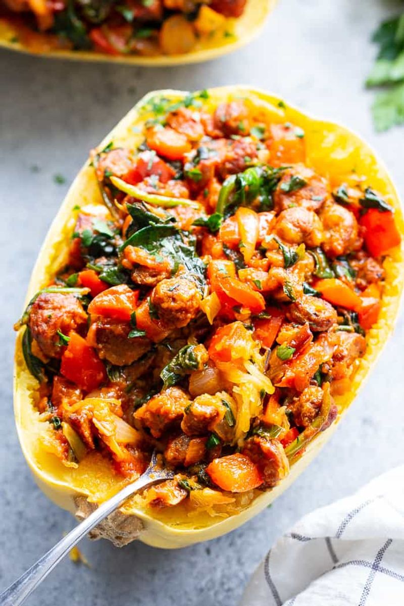 Spaghetti Squash Boats With Chicken Sausage
