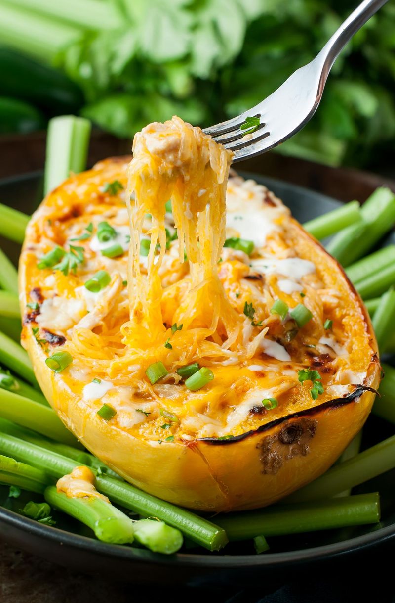 Buffalo Chicken Spaghetti Squash Boats