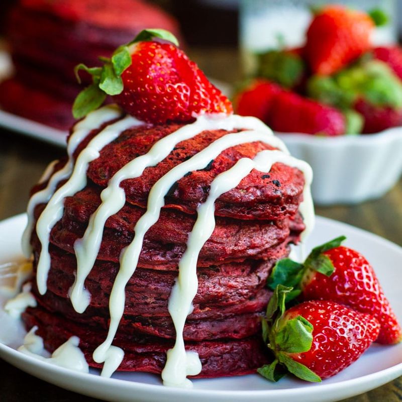 Red Velvet Pancakes With Cream Cheese Drizzle